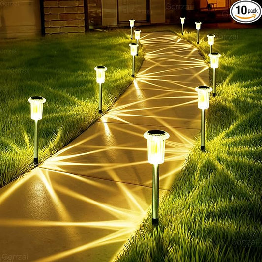 Solar Lights Outdoor 10 Pack Solar Pathway Lights Outdoor LED Waterproof Stainless Steel Driveway Lighting for Outdise, Yard, Walkway, Sidewalk, Garden, Lawn (Warm White)