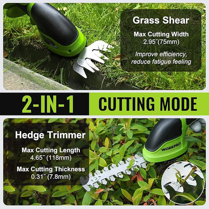 WORKPRO Cordless Grass Shear & Shrubbery Trimmer - 2 in 1 Handheld Hedge Trimmer Electric Grass Trimmer Hedge Shears/Grass Cutter Rechargeable Lithium-Ion Battery and Type-C Cable Included (Green)