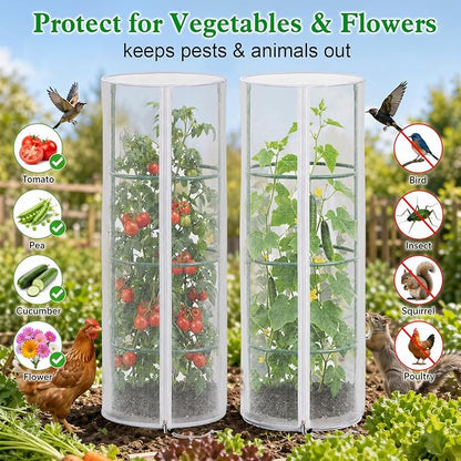 2 Pcs Garden Mesh Plant Cover for Round Tomato Cage, 57" x 15.7" Insect Bird Netting Protection Net Covers with Zipper & Drawstring, Garden Tomato Trellis Netting for Climbing Plants