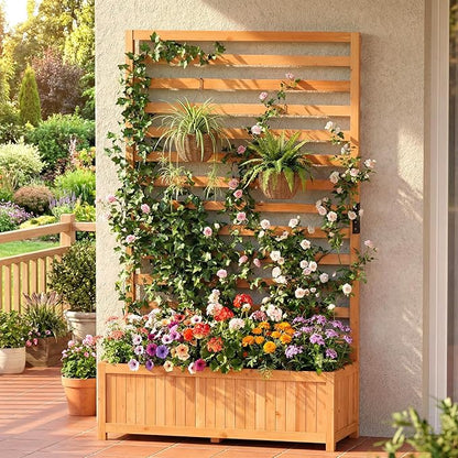 Giantex Raised Garden Bed with Trellis, 59” Tall Planter Box with Liner, Drainage Gaps for Climbing Vine Vegetable Flower, Indoor Outdoor Freestanding Privacy Screen for Porch Patio Yard