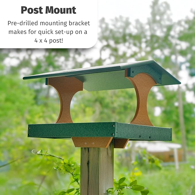DutchCrafters Amish USA Made Poly Extra Large Fly Through Bird Feeder Post Mount for 4" x 4", Covered Bird Feeder Open Platform Seed Tray for Outdoor, Outside, Garden, Yard (Tudor Brown & Weatherwood)