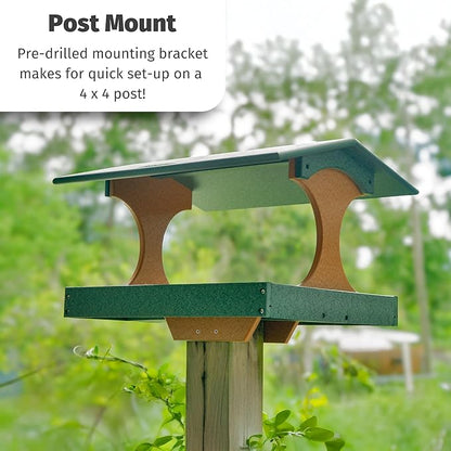 DutchCrafters Amish USA Made Poly Extra Large Fly Through Bird Feeder Post Mount for 4" x 4", Covered Bird Feeder Open Platform Seed Tray for Outdoor, Outside, Garden, Yard (Tudor Brown & Weatherwood)