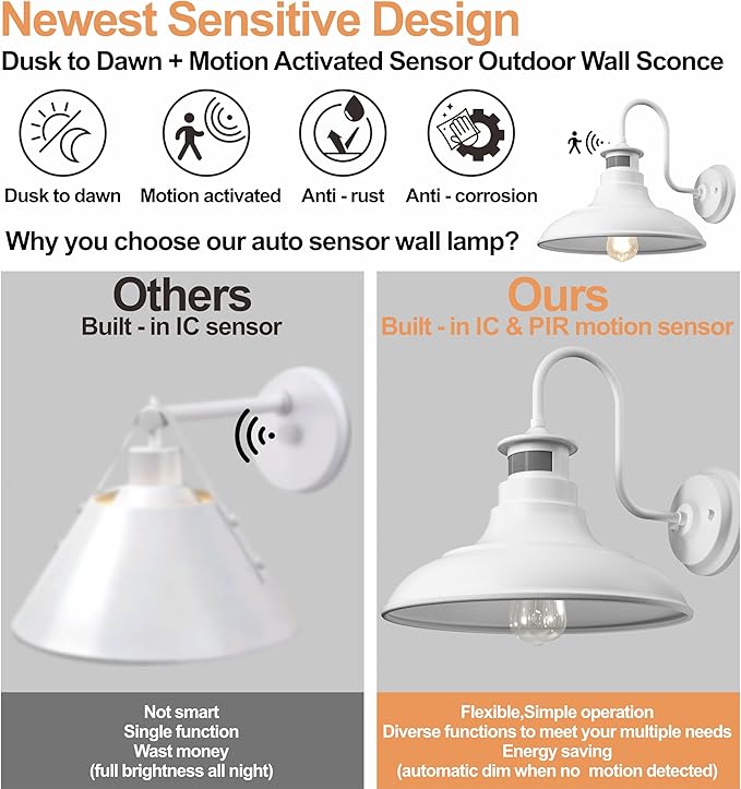 2 Pack Farmhouse Gooseneck Wall Sconce Barn Lights,Motion Sensor and Dusk to Dawn Outdoor Wall Mount Lighting Fixtures,3 Modes Exterior Porch Light IP65 Waterproof E26 Matte White Wall Lamp for Patio