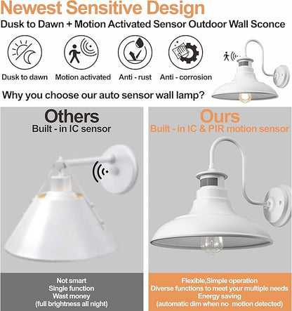 2 Pack Farmhouse Gooseneck Wall Sconce Barn Lights,Motion Sensor and Dusk to Dawn Outdoor Wall Mount Lighting Fixtures,3 Modes Exterior Porch Light IP65 Waterproof E26 Matte White Wall Lamp for Patio