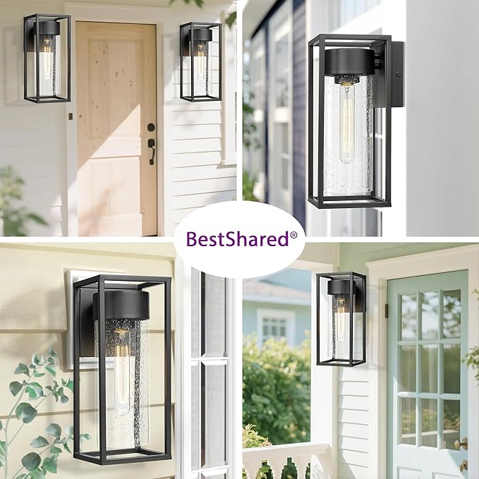 Bestshared Outdoor Modern Wall Light, Exterior Wall Mount Lights, Outdoor Lighting Fixture, Porch Sconce Light with Seeded Glass, Lantern Lamp for Patio, Entryway,Garage (Black, 13" H)