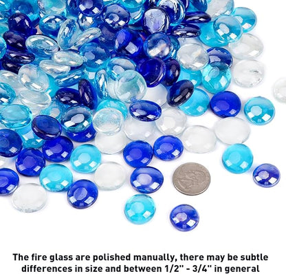Skyflame 10-Pound Blended Fire Glass Beads for Fire Pit Fireplace Landscaping, 1/2-Inch Cobalt Blue, Crystal Ice, Caribbean Blue Luster