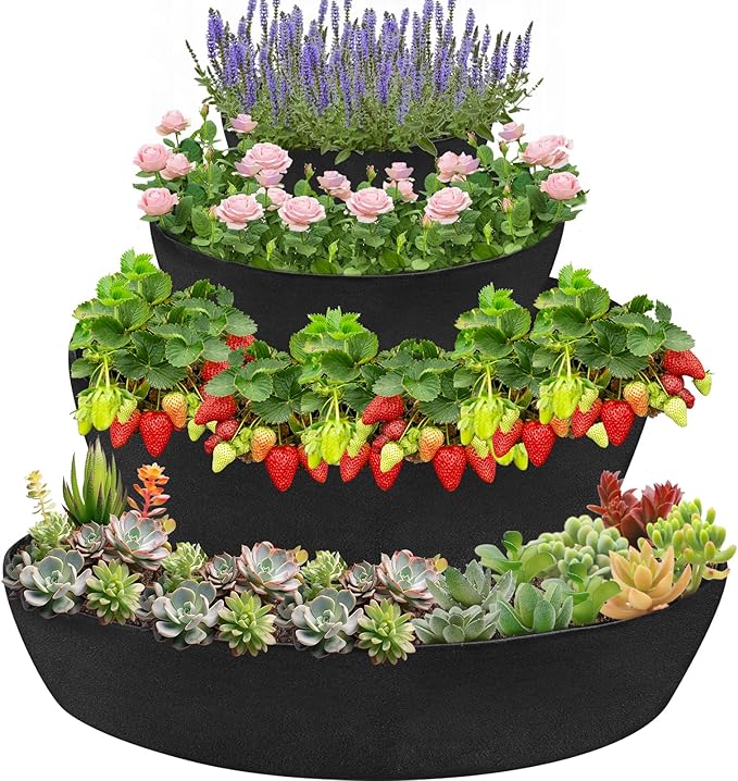 Wenfan 4 Tiered Strawberry Planter Fabric Raised Garden Planting Bed Stackable Strawberry Planter Bag Felt Planting Container for Growing Vegetables Herb Plant, 8 Inch Deep, Round