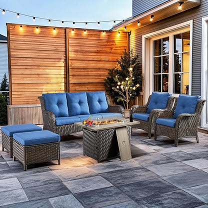 HUMMUH 6 Pieces Patio Furniture Set with Fire Pit Table High Back Outdoor Conversation Set Wicker Patio Couch Outdoor Chairs Ottomans for Balcony Garden,Lawn,Deck