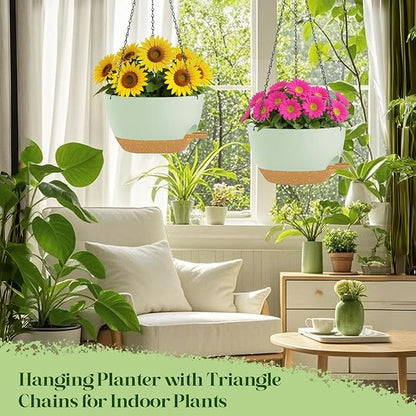 10 Inch Hanging Planters with Chains 2 Pack Self Watering Green Brown Plastic Hanging Pots for Indoor Outdoor Plants, Garden Porch Home Decor (Green Brown)