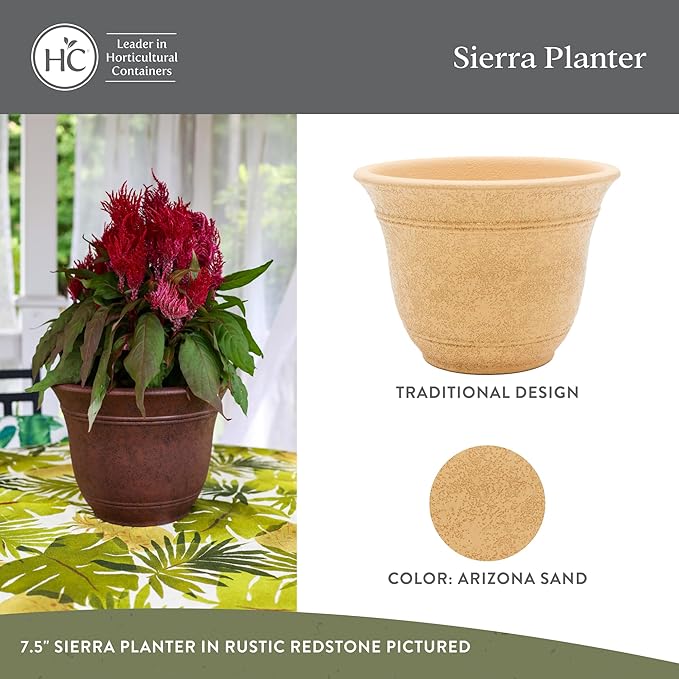 The HC Companies Sierra Round Self-Watering Pot - Lightweight Plastic Planter for Herbs & More - Durable Plant Pots for Indoor Plants & Outdoor Plants (13” Arizona Sand, Pack of 2)