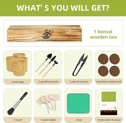 Premium Bonsai Kit,Complete Bonsai Starter Kit with Wooden Gift Box,repotting mat, Burlap Pots & Gardening Tools, DIY Bonsai Plant Set for Adults & Beginners (Seeds Excluded)Birthday Thanksgiving gift