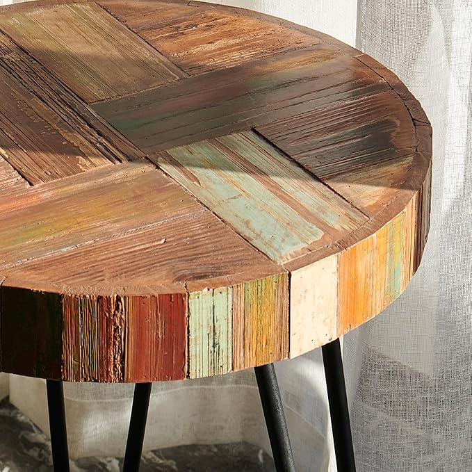 Wood Multi Color Side Table 16" x 16" x 21.5" H Farmhouse Reclaimed Wooden Coffee Tables Round Vintage Accent Rustic Plant Stand Outdoor Patio End Tables for Living Room Bedroom