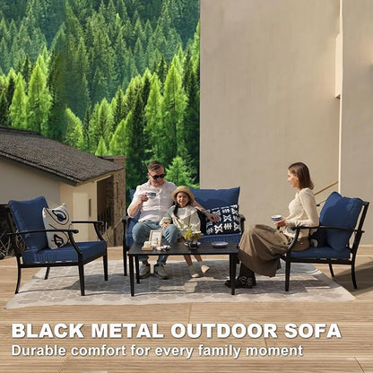 4-Piece Patio Furniture Set, Wider Outdoor Metal Seating Sofa with High Back & Loveseat, Coffee Table, All Weather Metal Conversation Set for Backyard, Poolside, Deck-Navy