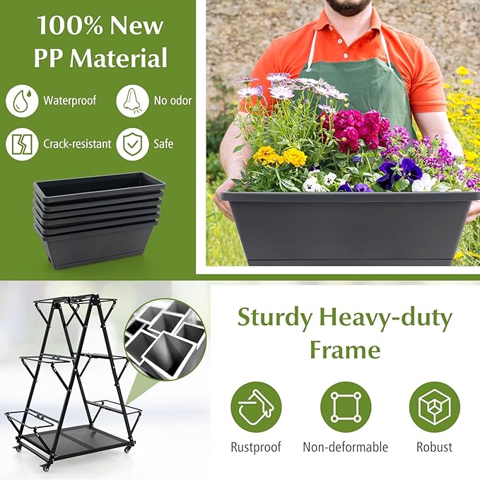 Giantex 6-Tier Rolling Raised Garden Bed, Vertical Planter Stand on Wheels with 6 Garden Boxes, Storage Shelf, Indoor Outdoor Freestanding Raised Beds for Flower Strawberry Vegetable Herb