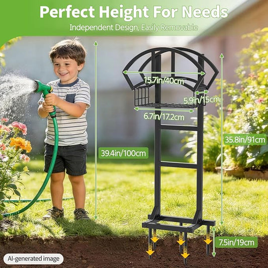 LASZOLA Garden Water Hose Holder Hanger for Outside, Freestanding Garden Hose Reel Rack Outdoor with Storage Basket, Heavy Duty Metal Water Pipe Stand 5 Spikes for Patio Yard Lawn, Holds 151ft, Black