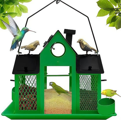 Solar Bird Feeders House for Outside Hanging, Metal Wild Bird Feeder for Outdoors Large Capacity Cardinal Birdfeeder Birdhouses Metal Bird Feeding Station Green