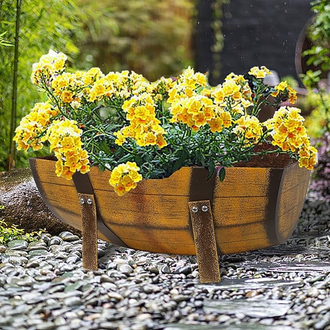 Aoutrow 15.43In 2 Pack Rustic Barrel Planters, Decorative Outdoor Garden Backyard Planter with Legs, Metal Flower Pot Half Barrel Planter Box, Brown