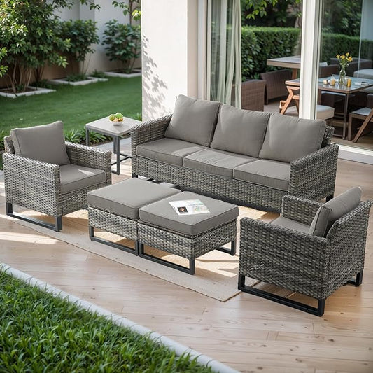 Rilyson Wicker Outdoor Patio Furniture Set - 6 Piece Patio Conversation Set with 2 Armrest Chairs,2 Rattan Ottoman,1 Couch and 1 Metal Side Table for Outside Porch Deck Backyard(Mixed Grey/Grey)