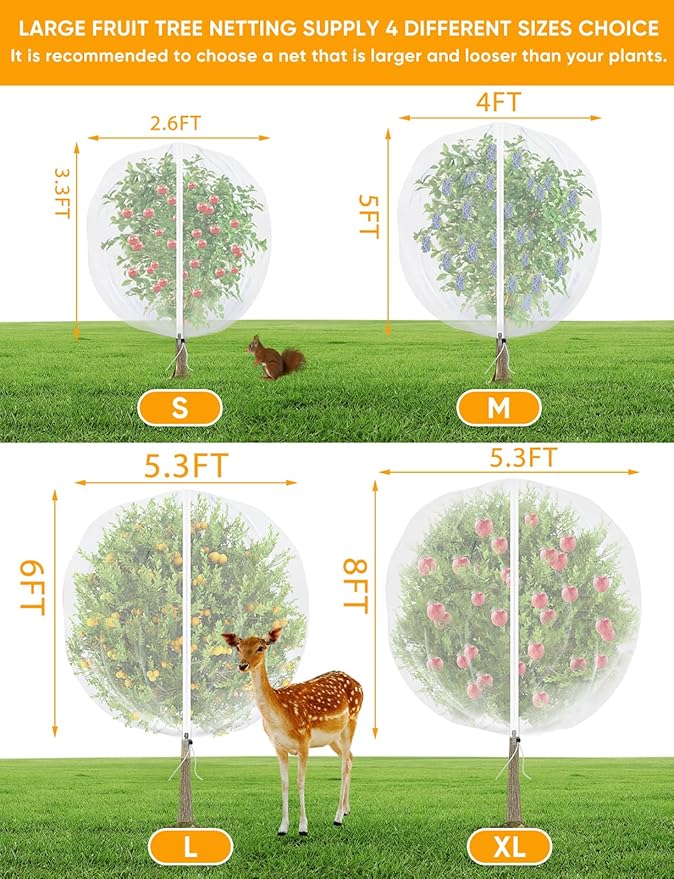 VITI Fruit Tree Netting for Cicadas - with 4Pcs 6Ftx5.3Ft Zipper&Drawstring Protection for Your Fruit Trees Garden Bird Netting Covers Blueberry Bush Tomato Bug Plant Protection Cherry Apple Tree
