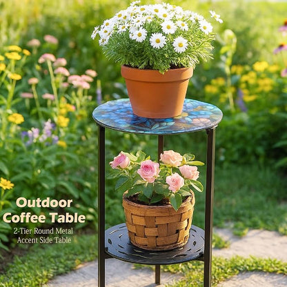 2-Tier Metal Round Side Table Black Accent Coffee Tables Small Space Corner Plant Stand Shelf for Indoor Outdoor Use Patio Balcony End Table Floral Print Weather-Resistant