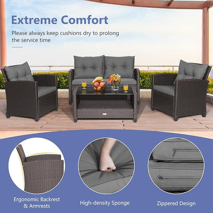 HAPPYGRILL 4-Piece Patio Conversation Set Rattan Wicker Chair Furniture Set with 1 Loveseat, 2 Single Sofas, 1 Coffee Table, Outdoor Furniture Set for Backyard Porch Garden Poolside Balcony (Grey)