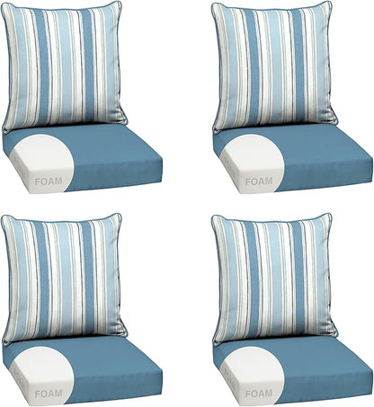Arden Outdoor Foam Deep Seat Cushion Set (4-Pack), 24x24, Premium High-Density Foam, Never Flattens, Weather-Proof for Patio Chair Sofa Couch, French Blue Linen Stripe