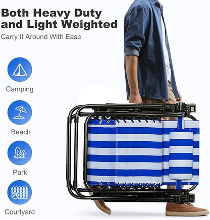 Nazhura Set of 2 Relaxing Recliners Patio Chairs Adjustable Steel Mesh Zero Gravity Lounge Chair Beach Chairs with Pillow and Cup Holder (Navy Blue Stripe)