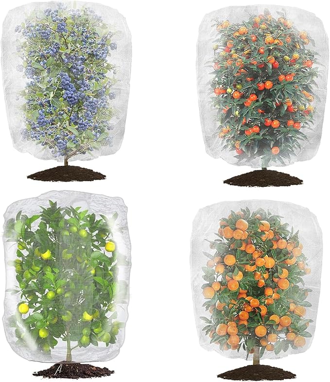 4 Pack Garden Neting Plant Insect Bird Barrier Mesh with Drawstring 4Ft x 4.6Ft Mesh Plant Covers Freeze Protection Tomato Barrier Bag for Garden Flower Blueberry Vegetables Fruits Bird Eating
