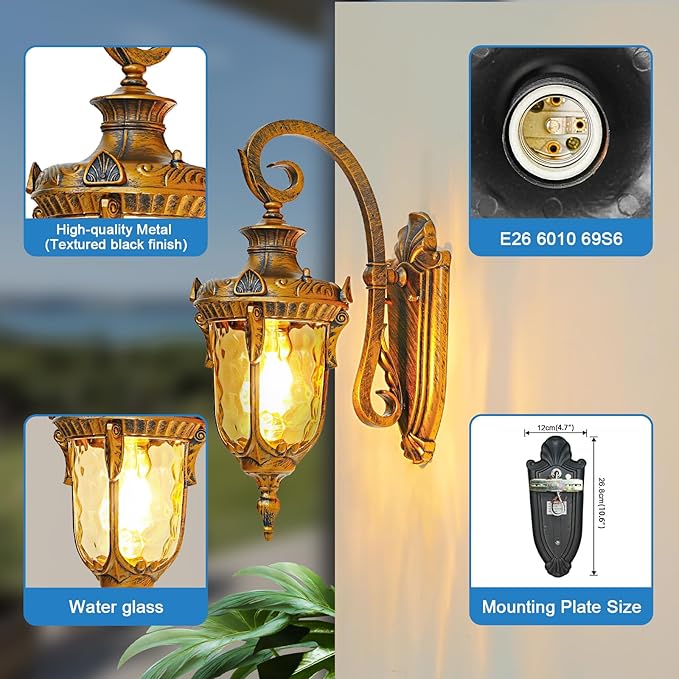 Outdoor Wall Lights, Waterproof Aluminum Porch Wall Light for Outside House, Patio, Yard, Garden, Gold Gooseneck Exterior Wall Sconce, Hardwired Outdoor Acorn Shape Lantern Lamp, Water Ripple Glass