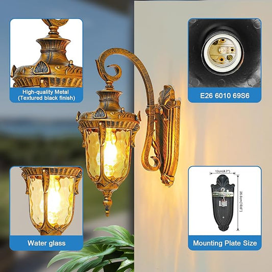 Outdoor Wall Lights, Waterproof Aluminum Porch Wall Light for Outside House, Patio, Yard, Garden, Gold Gooseneck Exterior Wall Sconce, Hardwired Outdoor Acorn Shape Lantern Lamp, Water Ripple Glass