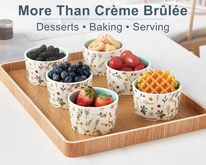 ONEMORE 6 oz Ramekins Oven Safe, Floral Ceramic Ramekin Set of 6 Mint Green Ramekins for Baking & Serving, Creme Brulee Dishes, Custard Pudding Souffle Cups, Small Dessert Bowls for Oven, Air Fryer