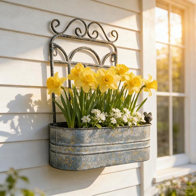 Rustic Metal Wall Planter Country Garden Wall Hanging Mount Vase Pocket Outdoor Vintage Hanging Pot Farmhouse Wall Decor for Plants Flowers (Blue)