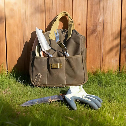 Tourbon Waxed Canvas Garden Tool Bag Gardening Tools Storage Tote with 5 Interior and 6 Exterior Pockets Multi-Functional Organizer for Gardener Florist Workshop