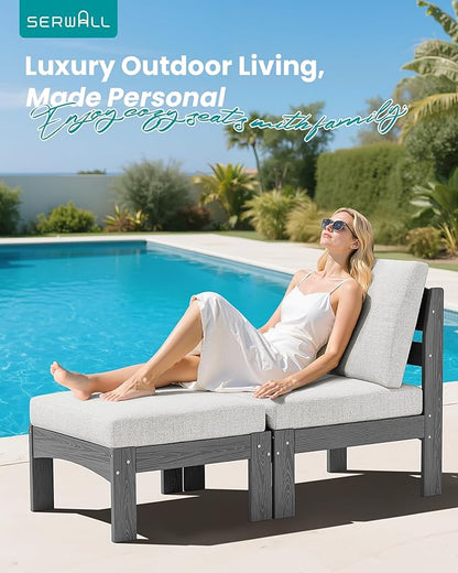 SERWALL 2 Pieces Patio Sofas, HDPE Outdoor Conversation Set with Cushions and Ottoman, Modular Sectional Patio Furniture for Backyard, Deck, Garden, Poolside, Grey Frame with Khaki Cushion