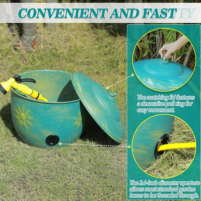 Vintage Blue Metal garden Hose Holder Storage Pot with Sunflower Decor,Holds up to 100ft Hoses.
