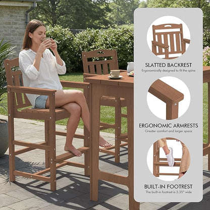 Ciokea Heavy-Duty Outdoor Bar Set, Rectangle High Top Table and 2 Oversized Adirondack Chairs Set, HDPE Modern Patio Bar Set for Outside Bistro Backyard Balcony Deck Outside, Teak