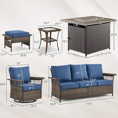 Patio Furniture Set with Fire Pit Table, 7PCS Patio Conversation Set Brown Resin Wicker Swivel Patio Chair Sofa Ottoman Set with Side Table and Fire Table PE Rattan Furniture Set