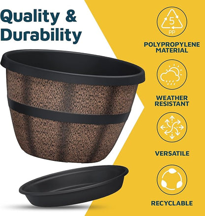 10-Inch Whiskey Barrel Planters Outdoor Pack of 25 - Durable Plastic Plant Pots for Indoor & Outdoor Use with Drainage & Saucer, Lightweight Rustic Barrel Planters for Flowers, Herbs & Small Plants