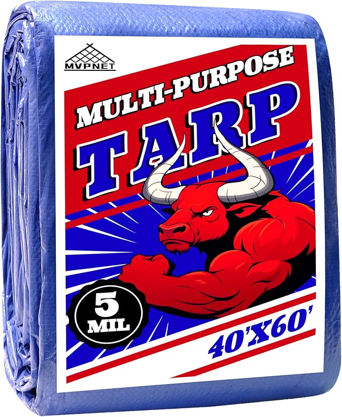 Tarp 40x60 ft 100% Waterproof Uv Resistant High Durability Multipurpose 5mil Blue Tarp for Covering Courtyards, Cars, Camping, Gardens, Pet Nests -by MVPNET