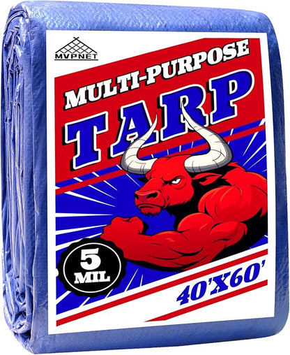 Tarp 40x60 ft 100% Waterproof Uv Resistant High Durability Multipurpose 5mil Blue Tarp for Covering Courtyards, Cars, Camping, Gardens, Pet Nests -by MVPNET