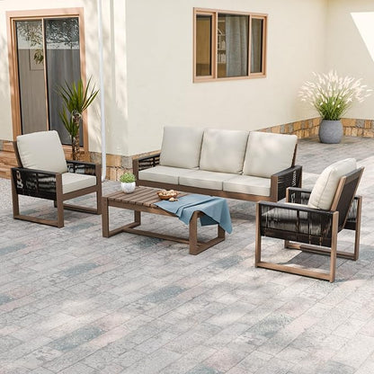Rustic Hideaway Natural Cedar Wood Outdoor Furniture Set, Wicker Patio Conversation Set for Porch Garden Backyard, Couch, 2 Patio Chairs and Coffee Table, 4 Piece, Brownish/Beige