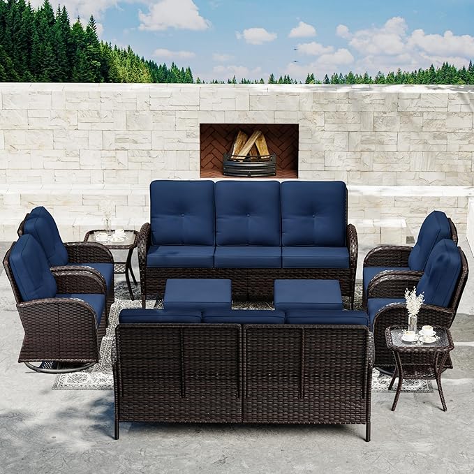 Joyside 10 Piece Patio Furniture Set, Outdoor Wicker Conversation Sets with Swivel Rocker Chairs and Sofa, Thick Cushion, Rattan Patio Sectional for Porch, Deck Use (Brown/Blue, 10 PCS)