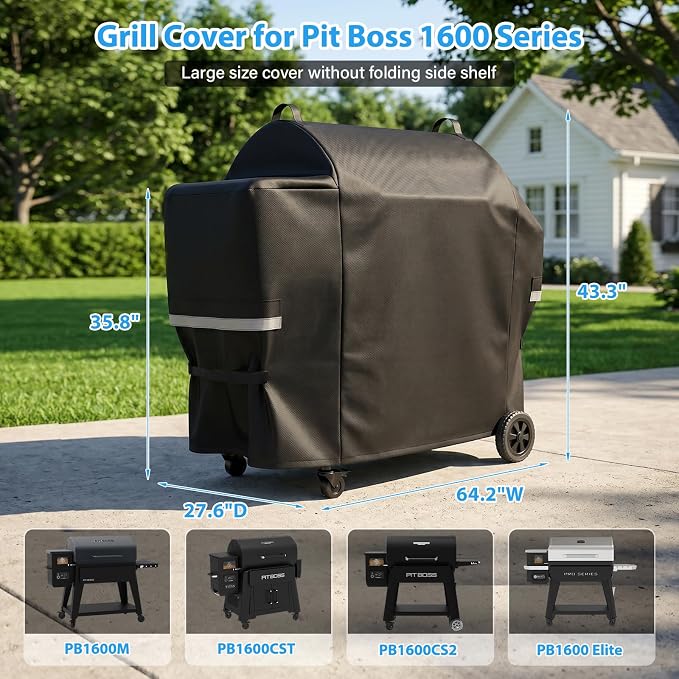 Utheer 600D Waterproof Grill Cover for Pit Boss 1600 Series, Fits Navigator 1600M PB1600M PB1600CST PB1600CS2 PB1600 Elite, Replaces 40455, No Need to Fold Side Shelf, 64.2 x 27.6 x 43.3 in