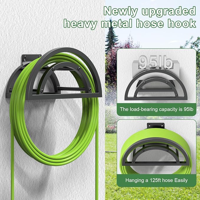 OLV Hose Holder Wall Mount, Outdoor Water Hose Holder Holds 125-ft Hose, Heavy Duty Metal Detachable Hose Hanger Reel Storage Organizer, Hose Rack for Outside Garden Lawn Yard Farm, Black