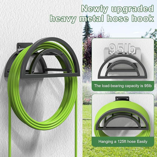 OLV Hose Holder Wall Mount, Outdoor Water Hose Holder Holds 125-ft Hose, Heavy Duty Metal Detachable Hose Hanger Reel Storage Organizer, Hose Rack for Outside Garden Lawn Yard Farm, Black