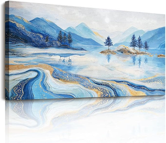 SERIMINO Landscape Wall Art, Large Wall Decor, Lake Wall Art, Blue Gold Abstract Marble Canvas Prints, Mountain River Paintings for Living Room Bedroom Bathroom Office Home Decorations 20"x40"