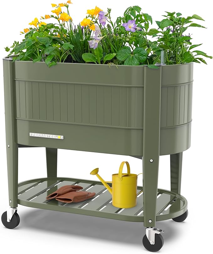 Permasteel Raised Garden Bed with Legs, 40×20×37 in, Planter Box with EnGrow™ TrueSoil™ Technology for Vegetables, Flowers, Herbs, and Fruit, Outdoor Indoor, Storage Shelf, Green
