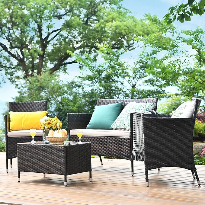 COSTWAY 4PCS Rattan Patio Furniture Set, Outdoor Wicker Rattan Chairs with Coffee Table, Rattan Cushioned Conversation Set for Backyard Balcony Porch Poolside, Brown
