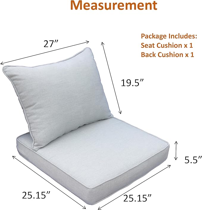 Generic Outdoor Patio Furniture Replacement Cushions,25X25X5 Inch Deep Seat Chair Seat Back Cushion Set,All Weather Breathable Sectional Cushions for Patio Furniture Couch Loveseat,Light Gray Grey
