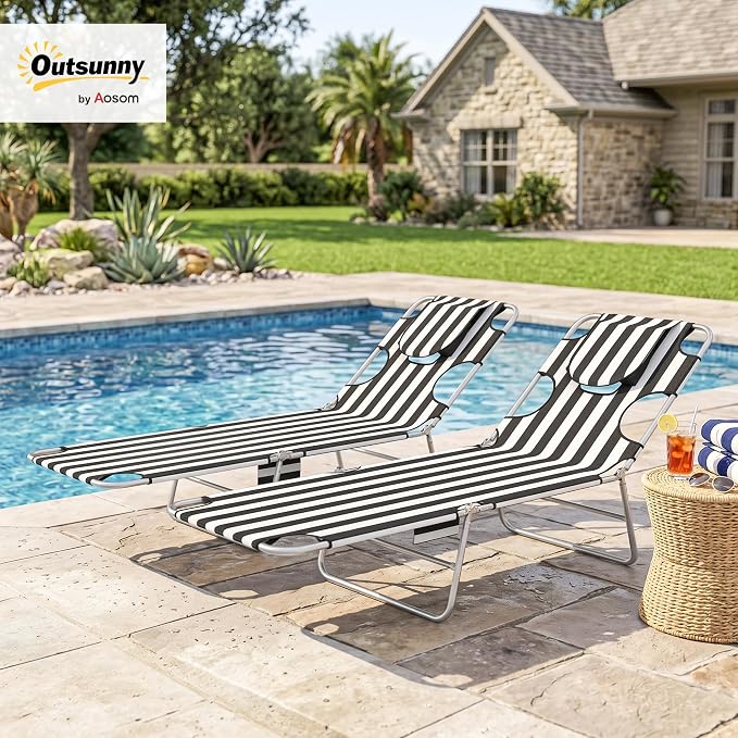 Outsunny Chaise Lounge Chairs Set of 2 Outdoor with Face Arm Hole, 5-Position Reclining Face Down Tanning Chairs with Carry Strap, Side Pocket, Portable Folding Bed Cot for Patio Pool, Black Stripe